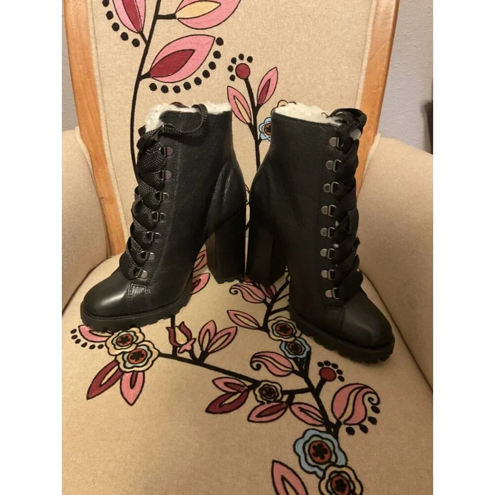 Schultz Zhara Black Lace Sherpa Stacked Lug Leather Boots 7 NEW $250 Moto Boho